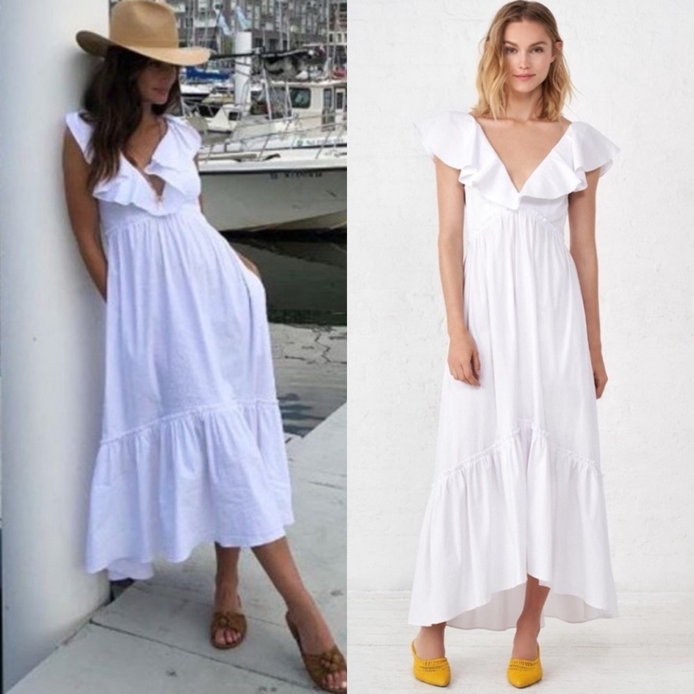 LA LIGNE D’ete Tonal Pinstripe Flutter Sleeve Midi Dress in White Sz S